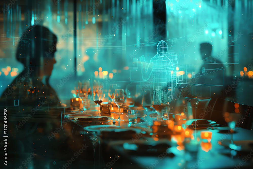 Poster capture the ethereal glow of holographic projections illuminating an intimate dinner scene from a lo