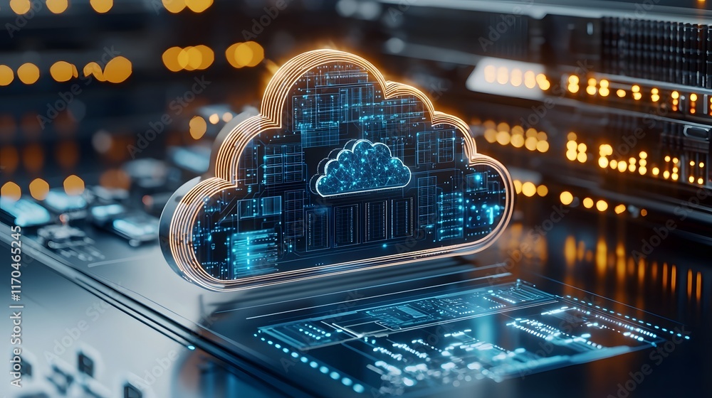 Poster A sleek and futuristic cloud infrastructure powered by quantum computing featuring luminous circuits and holographic interfaces that display real time and data analytics