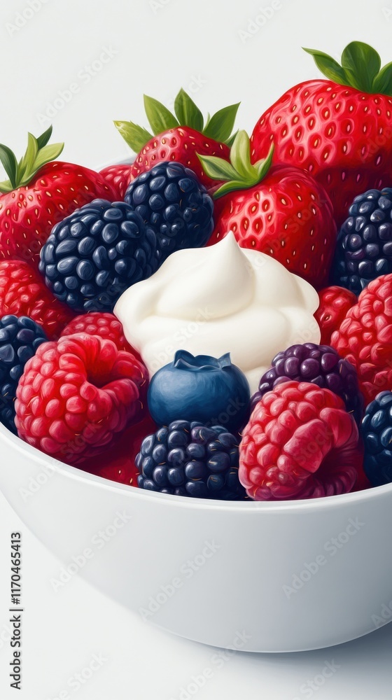 Aufkleber fresh assorted berries with whipped cream in a white bowl on a light background