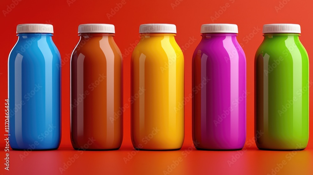 Poster colorful beverage bottles display vibrant background photography studio setting close-up view refres