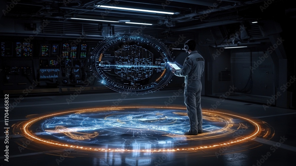 Poster a futuristic scene showing a person interacting with a holographic globe, illuminated by digital dat