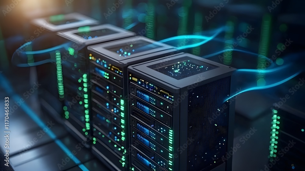 Poster futuristic data center with quantum computing servers emitting glowing blue and green lights surroun
