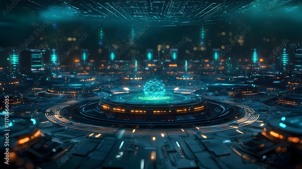Poster a futuristic data center with quantum computing servers emitting glowing blue and green lights surro