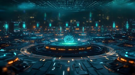 Fototapeta premium A futuristic data center with quantum computing servers emitting glowing blue and green lights surrounded by holographic data streams leaving copy space at the top for text overlay or composition