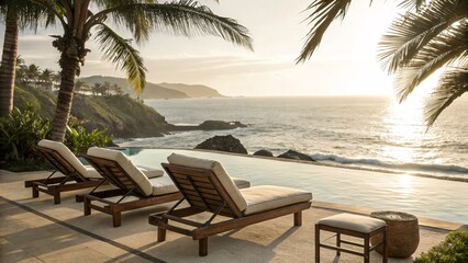 Fototapeta premium Serene Beachfront Villa with Infinity Pool and Sunset Views V5