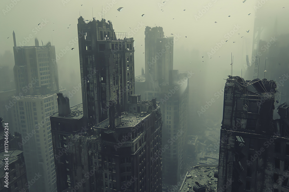 Poster craft a haunting dystopian scene using digital cg 3d rendering technique show a high-angle view of a