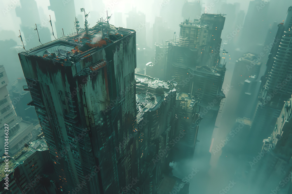 Poster craft a haunting dystopian scene using digital cg 3d rendering technique show a high-angle view of a