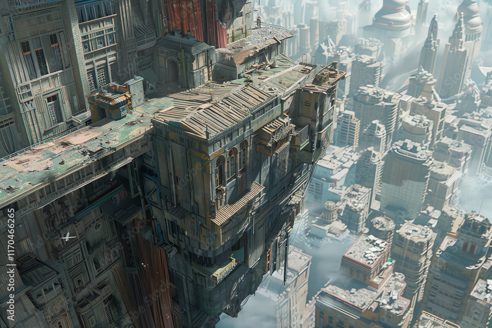 Poster craft a haunting dystopian scene using digital cg 3d rendering technique show a high-angle view of a