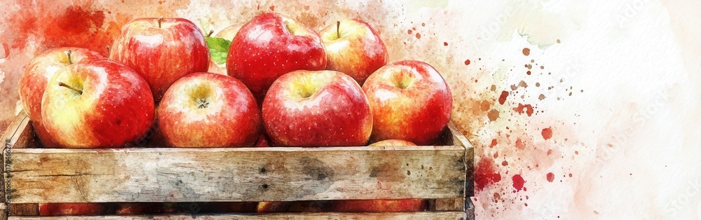 Poster freshly picked red apples arranged in a wooden crate with a colorful watercolor backdrop