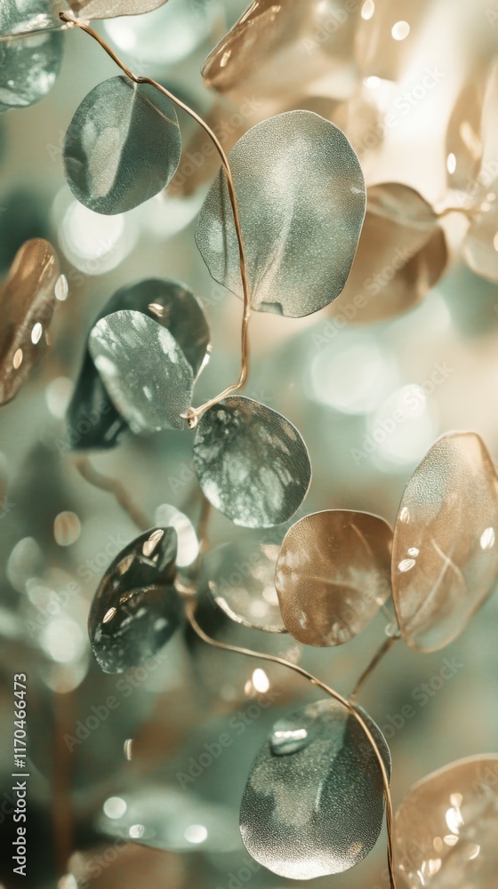 Poster Moss green and muted beige bokeh lights create a serene atmosphere with delicate leaves softly illuminated