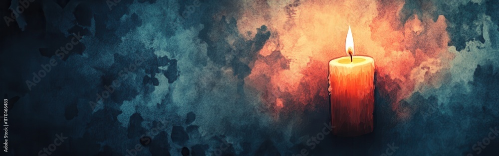 Poster close-up view of a glowing candle on a watercolor background showcasing warm hues and calming textur