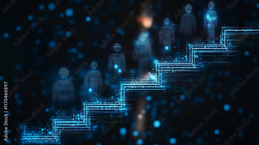 Poster futuristic digital staircase with glowing figures representing progress and innovation.