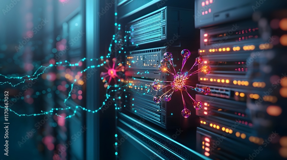 Poster an advanced data center powered by quantum technology showcasing a visually stunning display of enta