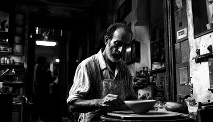 Potter shaping clay bowl in dusty workshop
