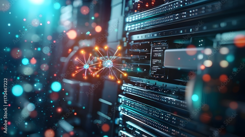 Poster Vibrant Quantum Powered Data Center with Luminous Qubit Connections   An advanced digital infrastructure showcasing the future of high performance computing and data processing