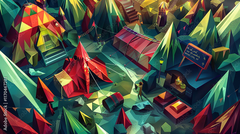 Poster delve into the world of cubism with a digital rendering showcasing a unique high-angle perspective o