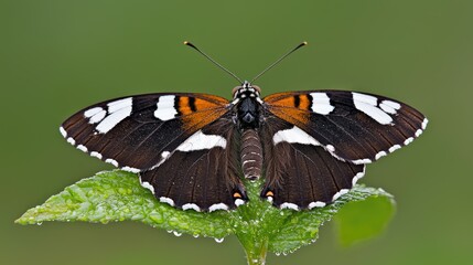 Colorful butterfly resting on green leaf nature scene macro photography calm environment close-up view wildlife concept