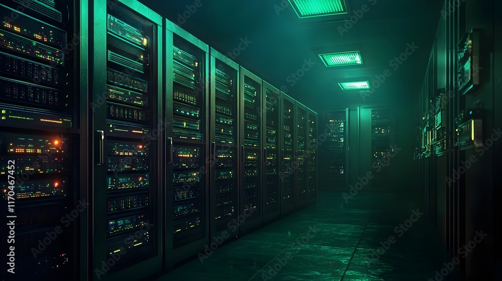 Poster a cutting edge quantum powered data center featuring interconnected glowing nodes futuristic server 