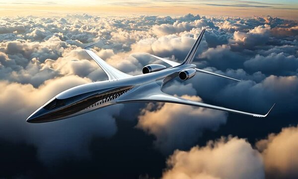 Futuristic Aircraft Soaring Above Clouds at Sunset: A Vision of Next-Generation Air Travel