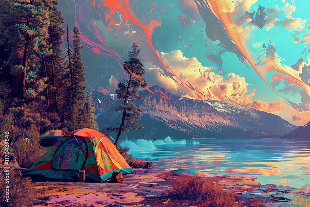 Poster evoke the spirit of surrealism by depicting a wilderness camping setting with unexpected camera angl