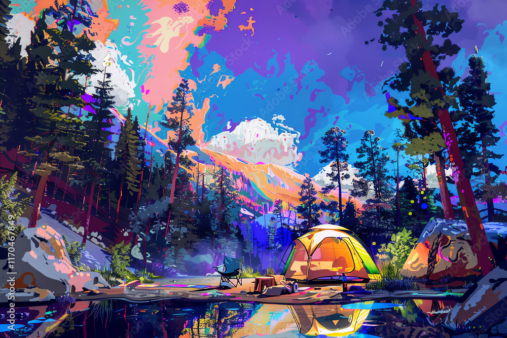 Poster evoke the spirit of surrealism by depicting a wilderness camping setting with unexpected camera angl