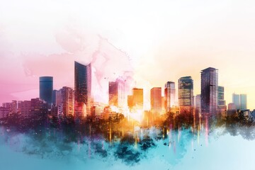 Vibrant Urban Cityscape at Sunset with Colorful Skyscrapers and Abstract Artistic Elements in a Dreamlike Atmosphere