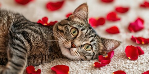 Valentine cat with romance and joy idea. Cat resting among rose petals on a soft surface.