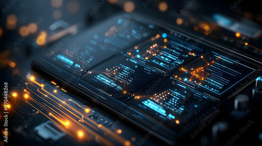 Poster sleek and futuristic quantum computing data center showcasing holographic displays that visualize qu