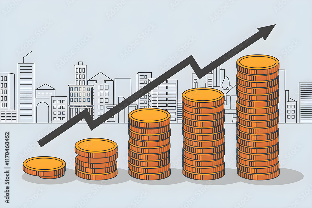 Poster increasing stacks of coins with growing upward arrow and city skyline