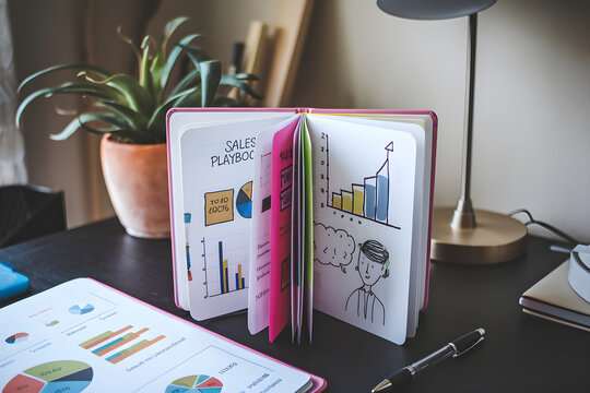 Sales playbook showing positive growth and new business ideas on office desk