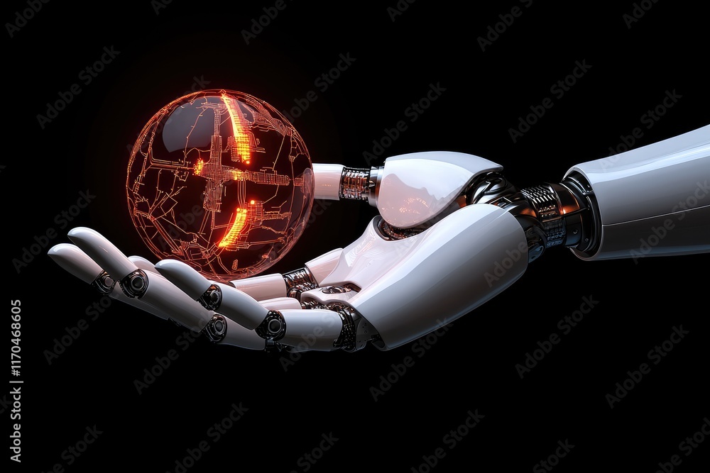 Poster exploring the future of robotics hand-held technology digital world 3d render dark environment close