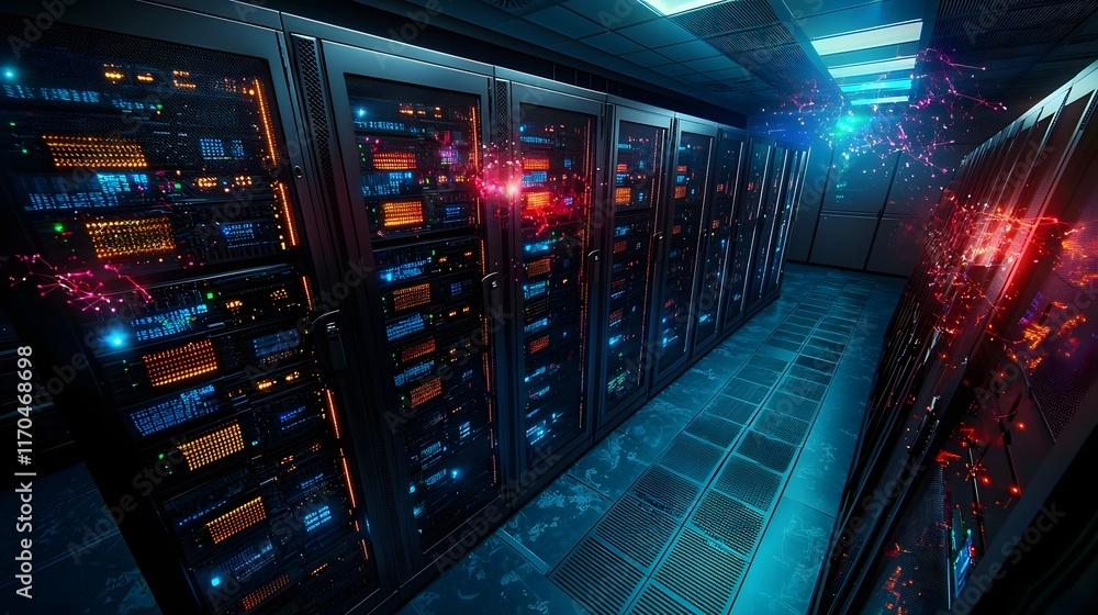Poster a futuristic server room showcasing the cutting edge technology of quantum computing vibrant data fl