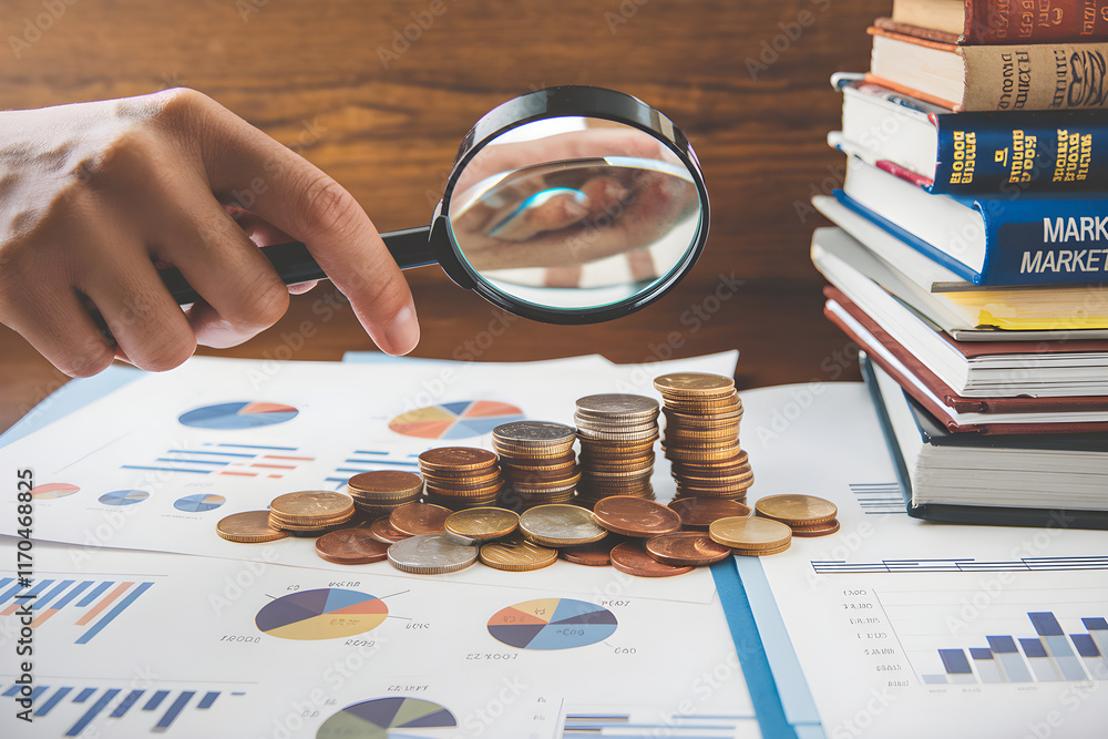 Poster accountant analyzing growing investment using magnifying glass and charts