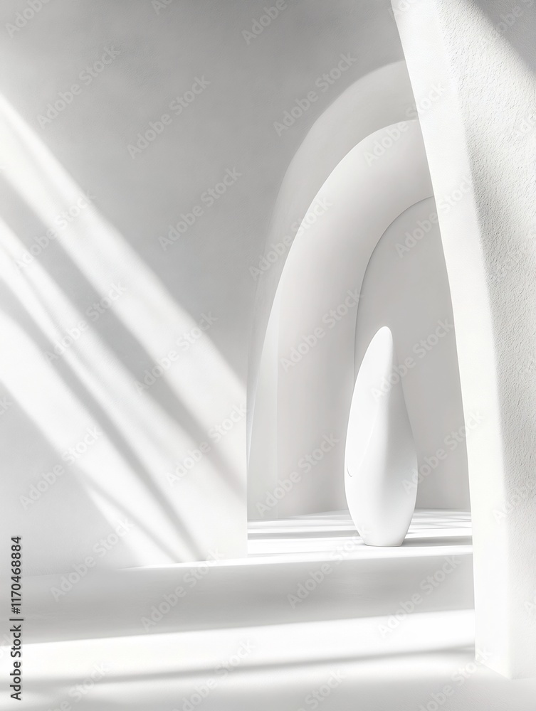 Poster mesmerizing minimalist architectural composition in pure white tones with soft shadows and lighting