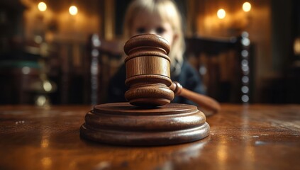 Close Up of Wooden Gavel on Polished Table with Blurred Child Reflecting Child Custody and Family Law