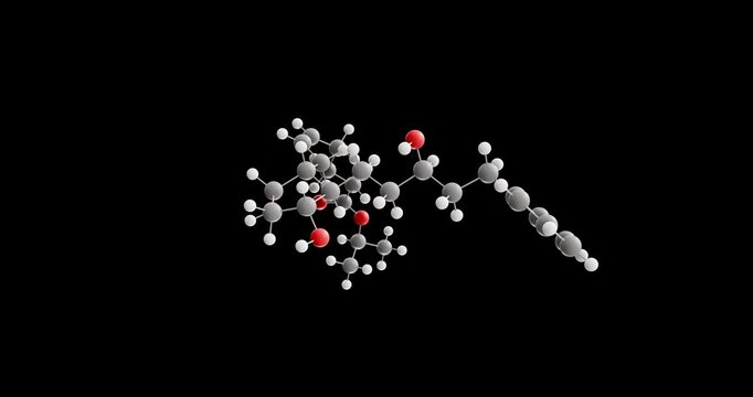 Latanoprost molecule, rotating 3D model of xalatan, looped video on a black background