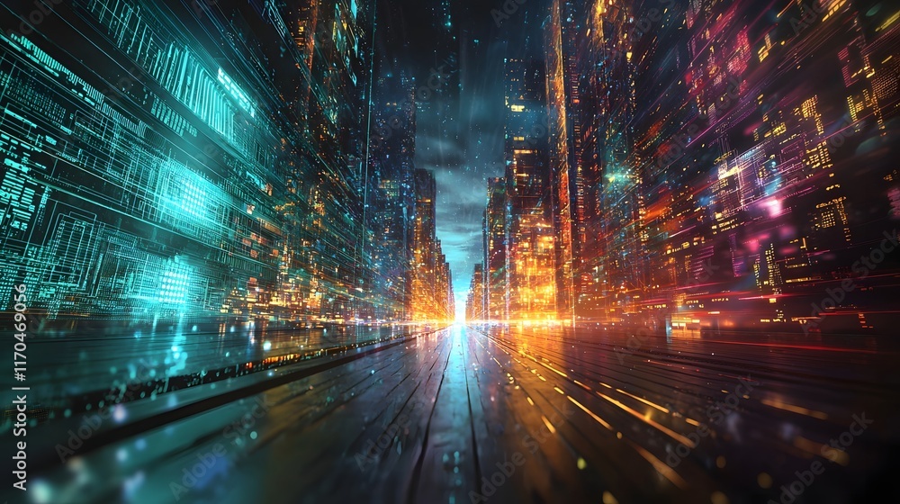 Poster A quantum computing data center with holographic projections of real time data processing showcasing the future of technology innovation and digital transformation