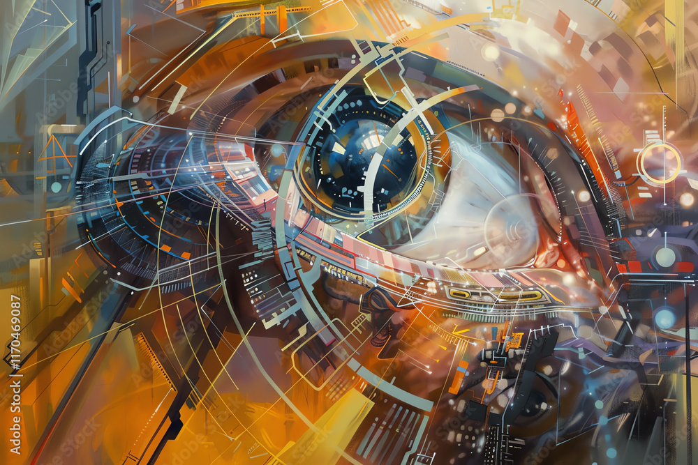 Poster illustrate a close-up view of futuristic technologies intertwined with psychological symbols in a su