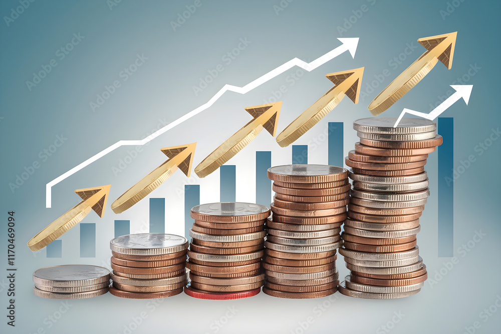 Poster increasing stacks of coins with upward arrows symbolizing investment growth