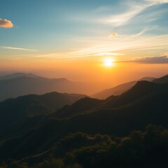 Obraz premium Majestic sunset over a vast mountain range, showcasing layers of hills and valleys bathed in golden hour light.