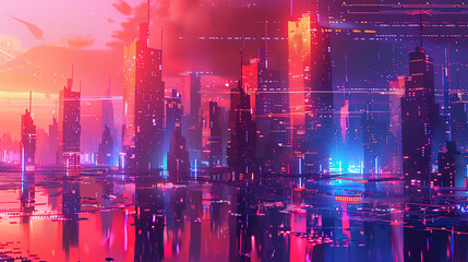 Obraz premium Illustrate a futuristic cityscape in pixel art form, with abstract geometric shapes in a symphony of neon colors, using glitch art techniques to portray a surreal and edgy landscape