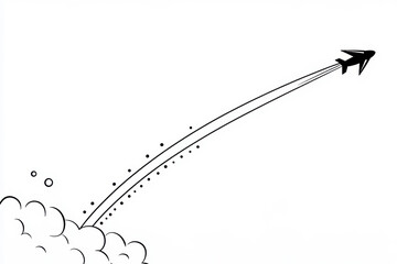 Vector Line Drawing of a Plane Taking off Amidst Smoke and Clouds, Depicting Flight and Adventure in Black and White