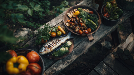 A Rustic Wooden Table in the Forest with Roasted Vegetables and Grilled Fish