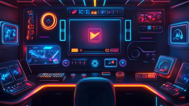Overlay game interface, neon screen panel and frames, vector UI template. Game interface overlay of live stream buttons, gamer video twitch and name tags for streaming game and futuristic digital GUI