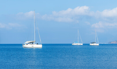 Obraz premium sailing yacht boats with white sails in blue sea , seascape of beautiful ships in sea gulf with mountain coast on background