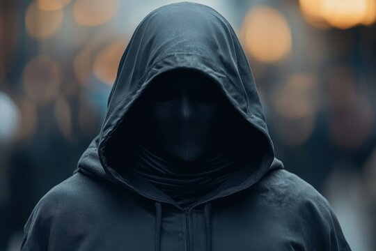 Mysterious figure in a dark hooded cloak and face mask, standing in a blurred urban background.