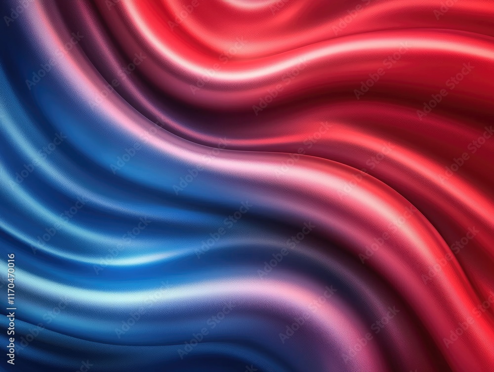 Poster flowing textures of red and blue satin fabric abstract art smooth waves close-up view elegant design