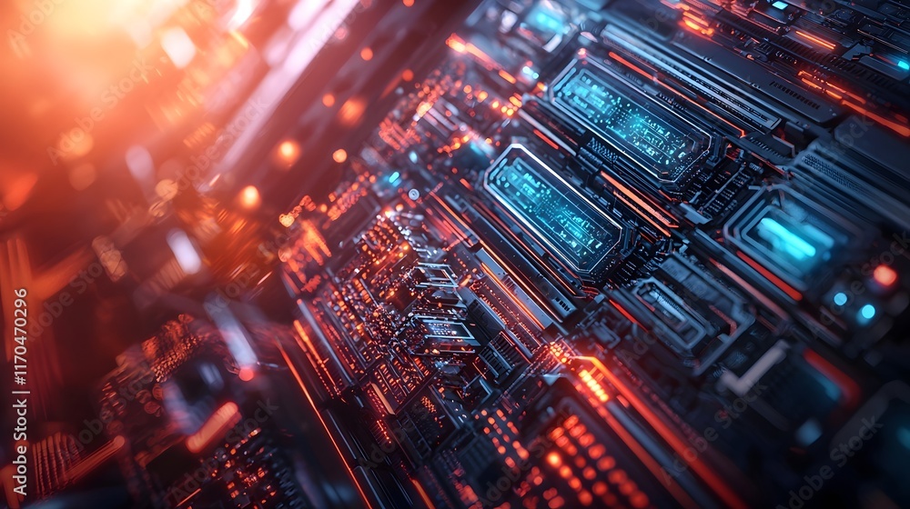 Poster glowing quantum server array integrated with a futuristic data center design showcasing vibrant ener