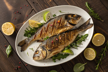 Crispy baked fish fillets garnished with lemon slices, lime wedges, rosemary, and spinach