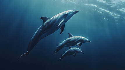 Fototapeta premium A dolphin and its calf swimming in the open ocean, with a calm sea as the background, during a quiet afternoon